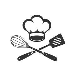 Chef Hat with cooking whisk and spatula. Label, badge, poster for food studio, cooking courses, culinary school. Cooking Class logo. Vector illustration