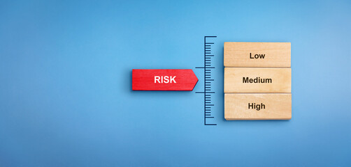 Risk meter concept with text high, medium, low and risk wooden block. Medium Risk. Risk Management...