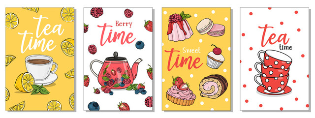 Set of postcards on the tea theme. Tea cups, a teapot with berry tea and sweets. Tea Time. Colorful vector illustration. Hand-drawn.