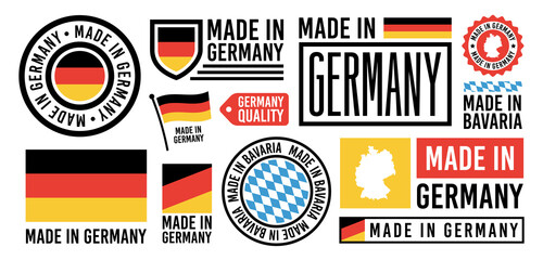 Obraz premium Large set of Made in Germany labels, signs. Germany quality signs. Made in Bavaria sign, Germany banners templates. Vector illustration.