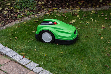 Green lawn mowing robot on lawn with leaves