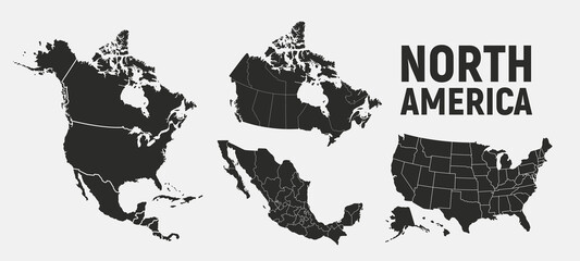 North America map templates. USA, Canada and Mexico map isolated on white background. North America maps set. Vector illustration