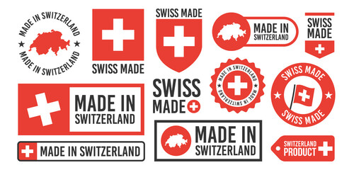 Large set of Made in Switzerland labels, signs. Swiss made badges set. Switzerlands stamp templates. Vector illustration. - obrazy, fototapety, plakaty