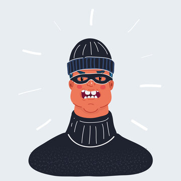 Vector illustration of outlaw man portrate, wearing balaclava and mask isolated on white. Angry face expressin of criminal male character.
