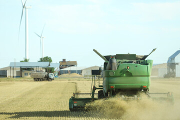 Modern combine harvester working in agricultural field