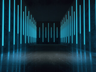 Empty space for products show in dark room with Neon lights. 3d rendering.