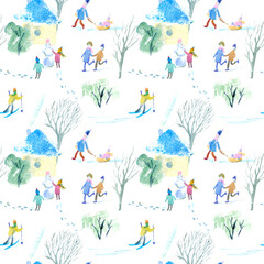 Seamless pattern of a winter town,park,people,house and tree. Watercolor hand drawn illustration.White background.
- 389423002