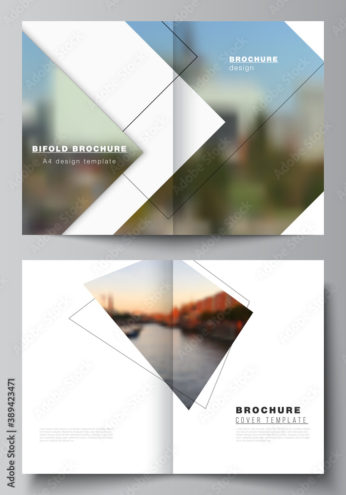 Poster vector layout of two a4 format cover mockups design templates with geometric simple shapes, lines an