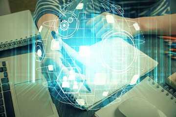 Social network theme hologram over woman's hands writing background. Concept of international people connect. Double exposure