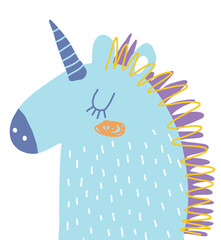 Funny Hand Drawn Vector Illustration with Cute Blue Unicorn Isolated on a White Background. Simple Infantile Style Nursery Art ideal for Card, Wall Art, Poster. Magic World Printable Art.