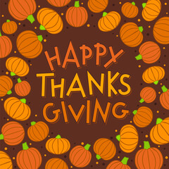 Thanksgiving greeting card with hand drawn pumpkins and fall leaves. Happy Thanksgiving Day round logo template. Vector illustration