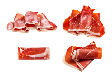 Thinly sliced jamon isolated on white background.