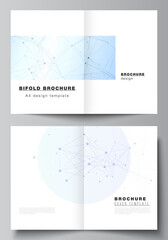 Vector layout of two A4 format cover mockups templates for bifold brochure, flyer, magazine, cover design, book design, brochure cover. Blue medical background with connecting lines and dots, plexus.