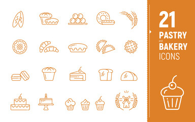 Vector icons of confectionery and bakery products, pies, cakes, pastries, loaves. Polygonal icons. Flat-style icons. Pastry and bakery icons.