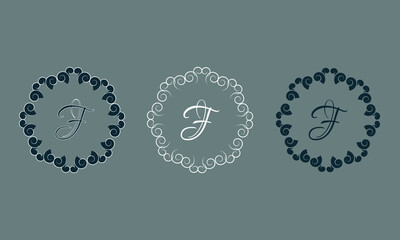 Set of vector logos with letter F. Business sign, identity, label, restaurant sign. Monogram design elements, graceful template on gray background.