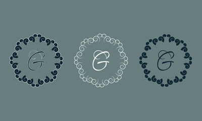 Set of vector logos with letter G. Business sign, identity, label, restaurant sign. Monogram design elements, graceful template on gray background.