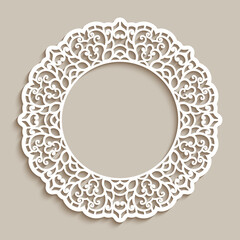 Circle frame with ornamental lace border, cutout paper pattern, elegant template for laser cutting, round lacy decoration for wedding invitation card design. Place for text.