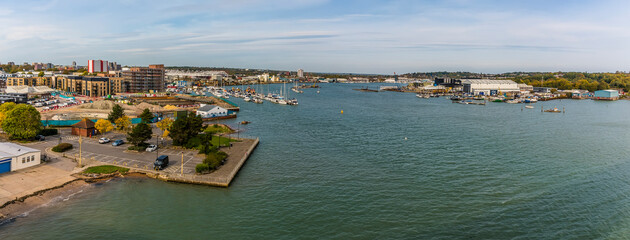A panorama view from the Itchen Bridge up the River Itchen in Southampton, UK in Autumn