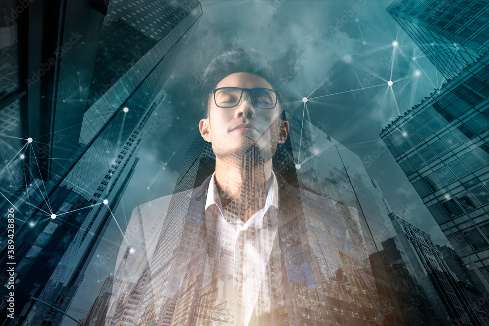 Poster smart asian business man using mobile phone with financial investment digital technology, futuristic