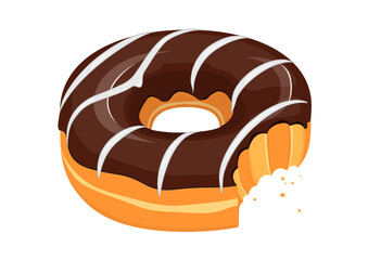 Chocolate glazed donut with white striped icing and a bite icon in cartoon style on a white background