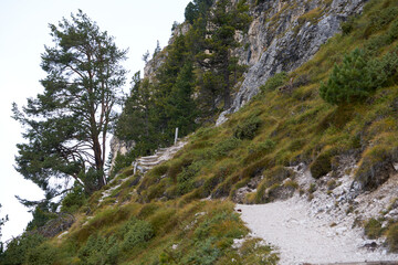 iking trekking path from wolkenstein to the stevia hut with the in october 2020, beautiful nature dolomites