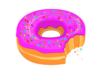 Pink glazed donut with sprinkles on top and a bite icon in cartoon style on a white background