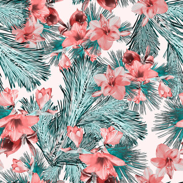 Christmas bouquet fir and amaryllis seamless pattern.