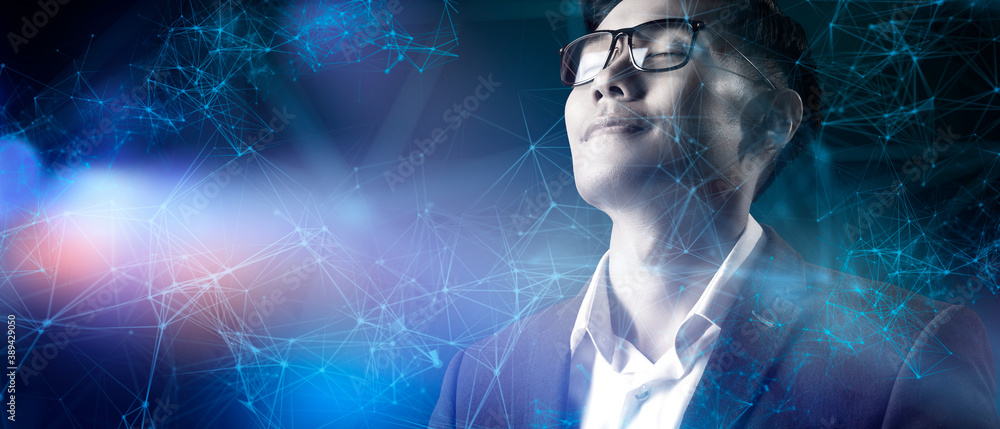 Poster man and digital technology, asian business man success strategy, digital cyber space futuristic back
