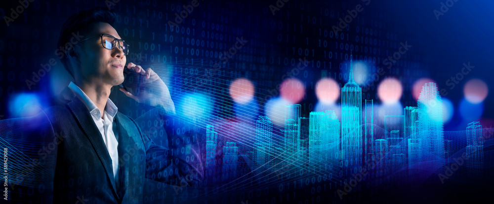 Poster smart asian business man using mobile phone with financial investment digital technology, futuristic