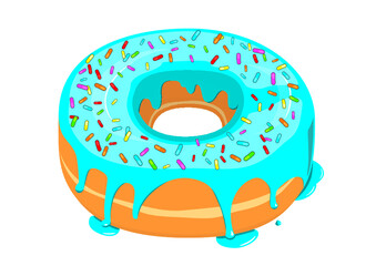 Dripping blue glazed donut with sprinkles on top icon in cartoon style on a white background