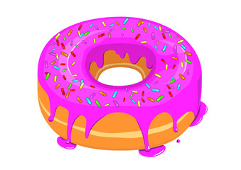 Dripping pink glazed donut with sprinkles on top icon in cartoon style on a white background