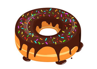 Dripping chocolate glazed donut with sprinkles on top icon in cartoon style on a white background