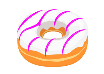 White glazed donut with pink striped icing icon in cartoon style on a white background