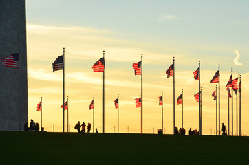 Silhouettes and U.S. national flags at Washington Monument grounds during sunset - Washington D.C....
