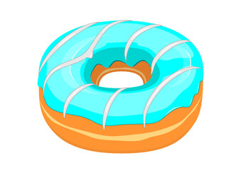 Blue glazed donut with white striped icing icon in cartoon style on a white background