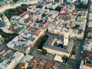 Fototapeta premium aerial view of city hall in lviv city