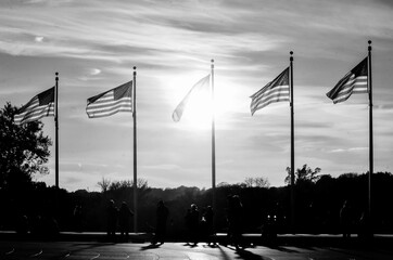 U.S. national flags and Washington Monument during sunset - Washington D.C. Unied Staes of America