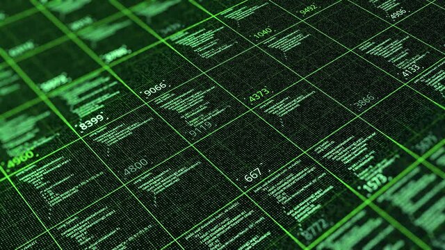 Table with computer calculations. Animation. Computational computer codes with numerical results in cells. Structured table with matrix-style calculations