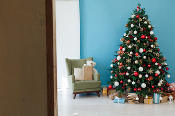 Christmas tree with gifts blue decor new year interior