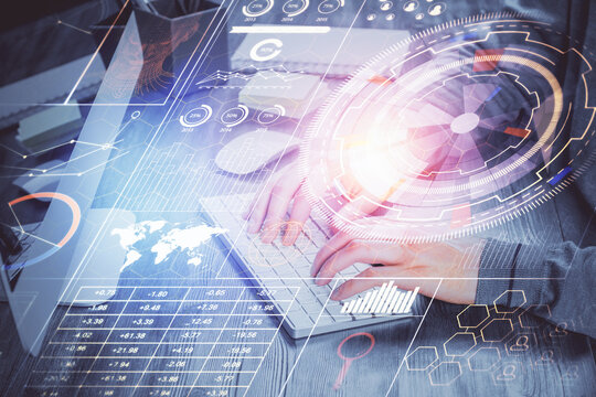 Double exposure of tech drawings with hands working on computer background. Concept of innovation.
