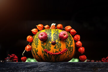 Decorated pumpkin, on a black background. The concept of autumn, harvest, halloween. 