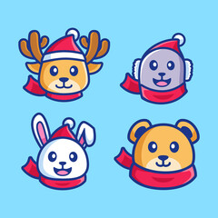collection of cartoon animal head winter season
