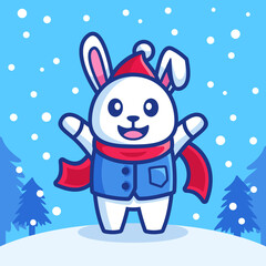 happy rabbit in snowfall winter season