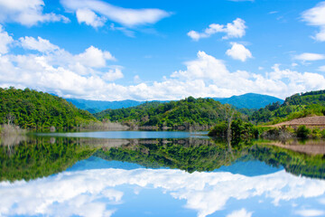 Reservoir in the valley with sky and overcast clouds in thailand