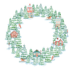 Hand drawn watercolor Christmas wreath of fir trees and cute houses. Forest houses in the snow. Winter illustration for greeting cards, decoration, design, scrapbooking, prints and holiday mood.