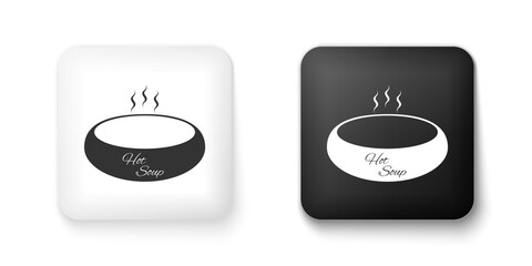 Black and white Bowl of hot soup icon isolated on white background. Square button. Vector.