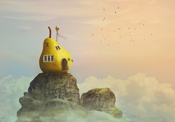 Fantasy world, pear house on the top of the mountain, in clouds;