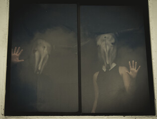dark artistic tall horned cow costume in a window