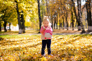 Little girl walking in autumn park. Child closes a backpack snake on a background of autumn landscape.