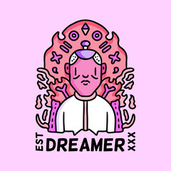 Cool young man with dreamer typography, illustration with hipster style. Vector graphics for t-shirt prints and other uses.